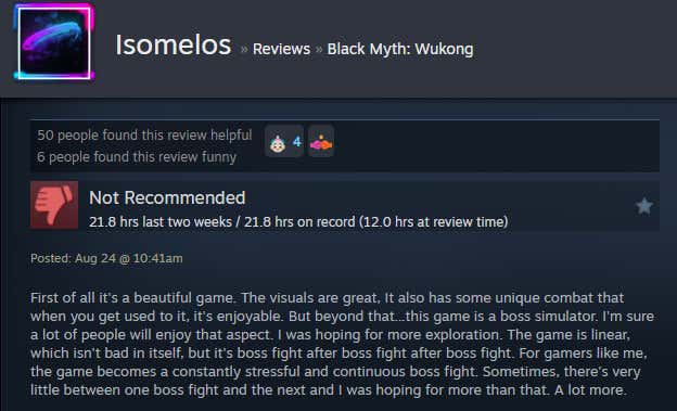 Screenshot of the article titled Dark Legend: Wukong, as reported by Steam Reviews